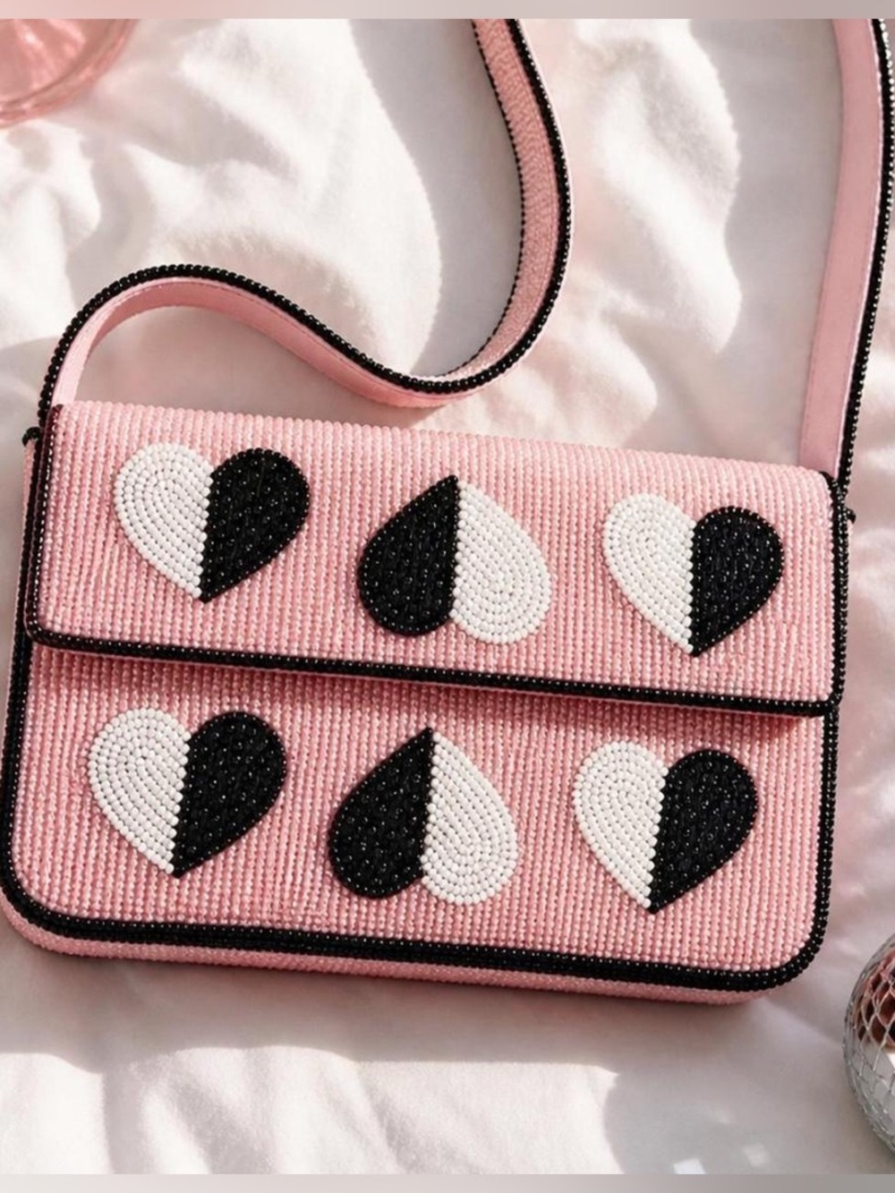 NWT Anthropologie Fiona Pink Beaded Heart Shoulder Bag Statement Purse